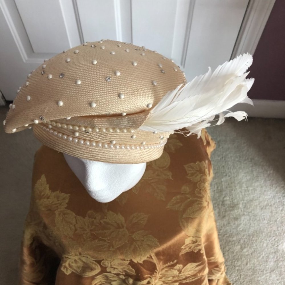 Tan Ladies Dress Hat With White Feather